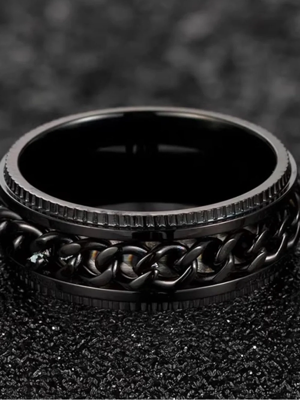 Fidget Stress Relief Black Chain Inlay Men's Spinner Ring Size 12 NEW